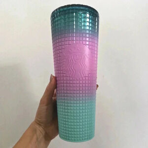 Starbucks 2024 Ombré Grid Tumbler Cold Cup Venti 24oz Pink Blue Teal